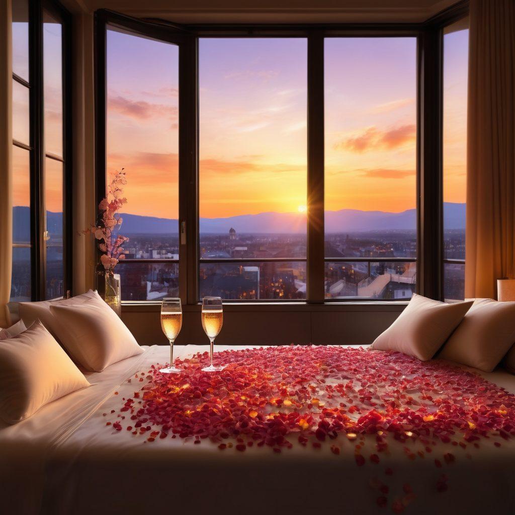 A cozy, candlelit hotel room adorned with soft pillows and petals scattered on the bed, large windows showcasing a stunning sunset view. A couple is seen toasting with champagne, surrounded by romantic decor and warm lighting, capturing their intimate moment. The ambiance is tranquil yet inviting, embodying romance and warmth. super-realistic. warm colors. soft focus.