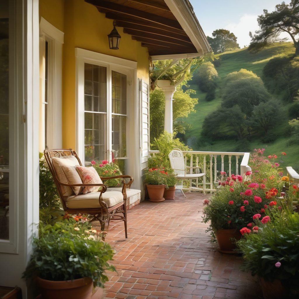 A picturesque historic guesthouse nestled among rolling hills, adorned with vibrant flowers and lush greenery. Include guests leisurely sipping tea on a charming porch, with stunning views of a tranquil landscape in the background. Soft rays of sunlight illuminating the scene, conveying a sense of serenity and relaxation. Incorporate elements of vintage architecture and cozy interiors to evoke an inviting atmosphere. super-realistic. vibrant colors. warm lighting.