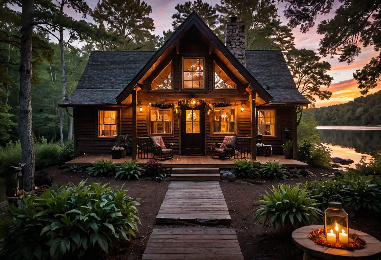 A beautiful, intimate cabin nestled in a lush forest with soft, glowing lights emerging from the windows. A heart-shaped wreath hangs on the door, surrounded by cozy blankets and candles on the porch. The scene shows a sunset casting warm hues over a small lake nearby, creating a serene and romantic atmosphere. Add a couple enjoying a bottle of wine on the porch to enhance the cozy vibe. super-realistic. warm colors. tranquil setting.